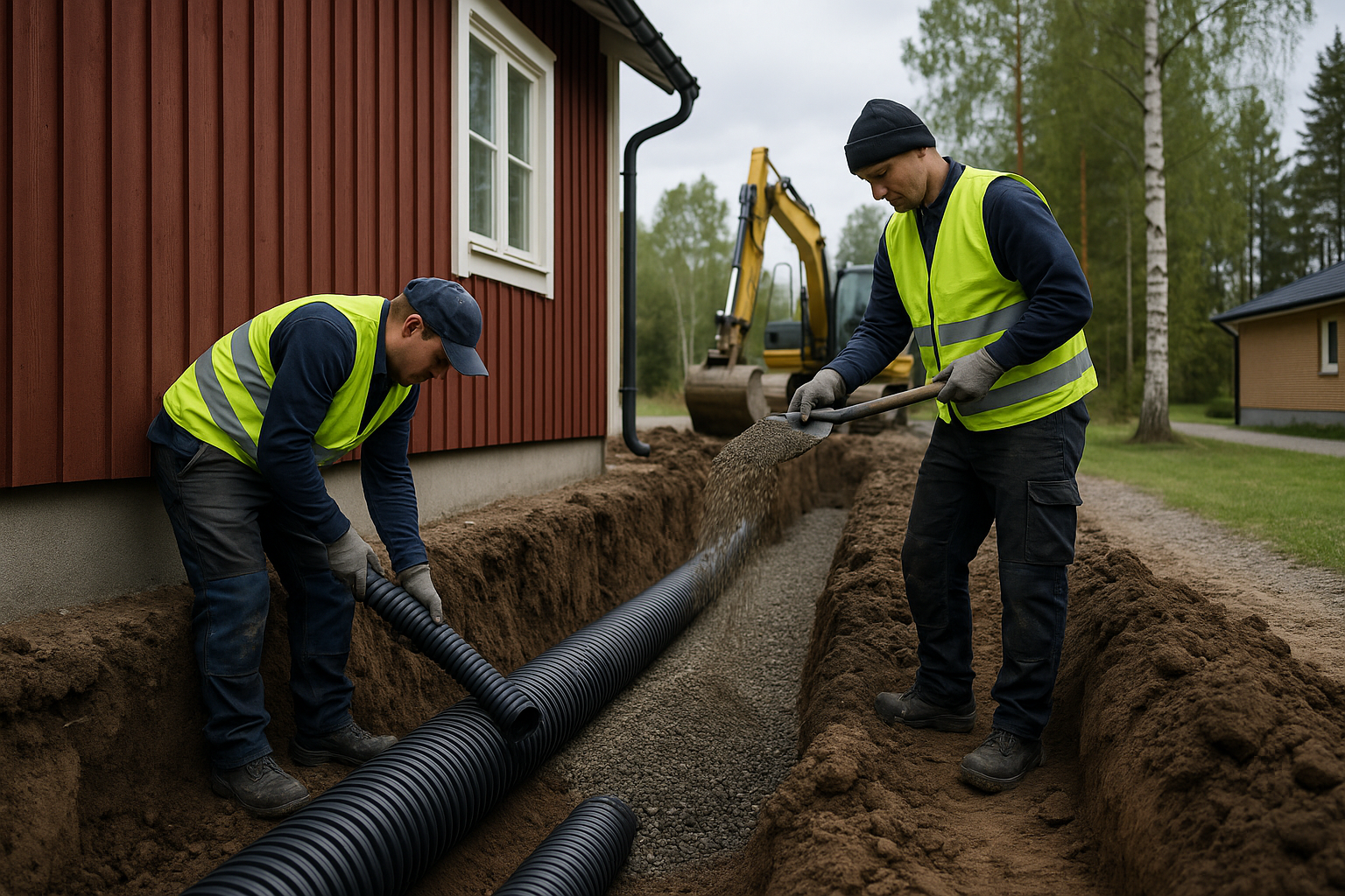 Installation av dränering runt villagrund